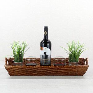 NEW Handwoven Long Large Rattan Serving Tray with Handles- Red Brown